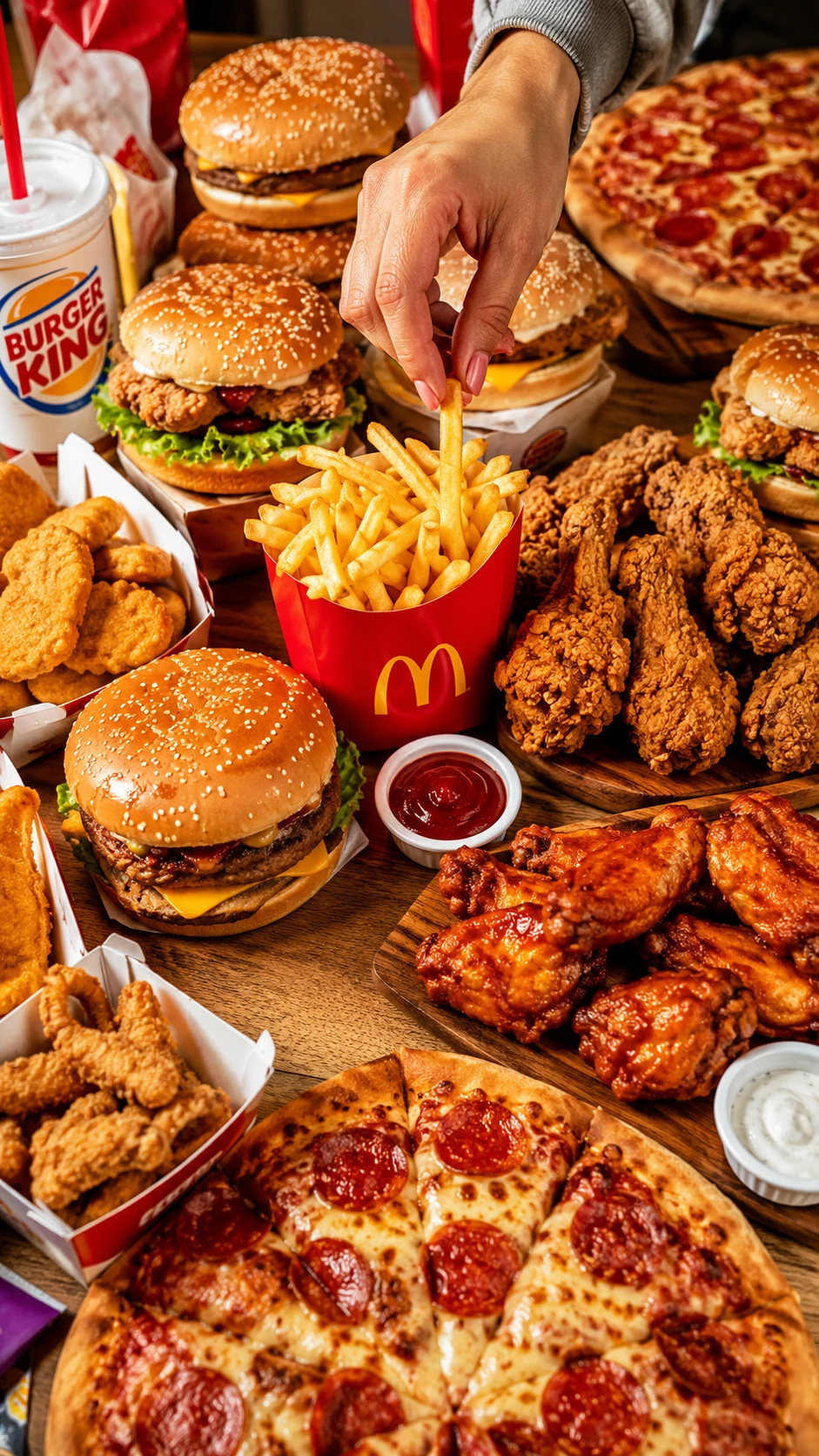 Colorida variedade de favoritos de fast food sobre a mesa