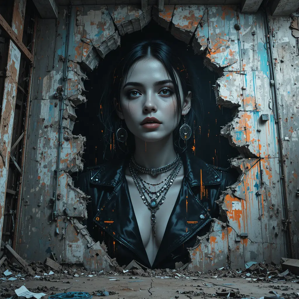 Kinematisches Cyberpunk-Frauenwandbild in einer industriellen Kathedrale
