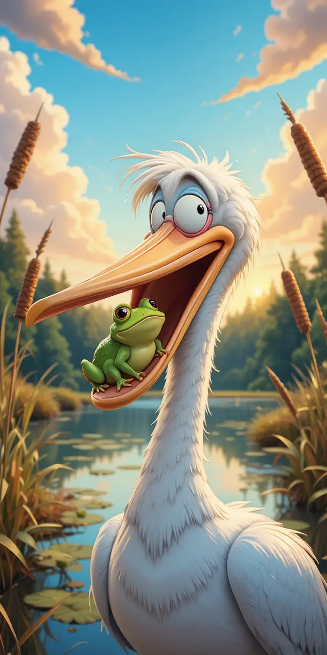 Pellicano e rana in stile cartoon giocoso in una palude luminosa