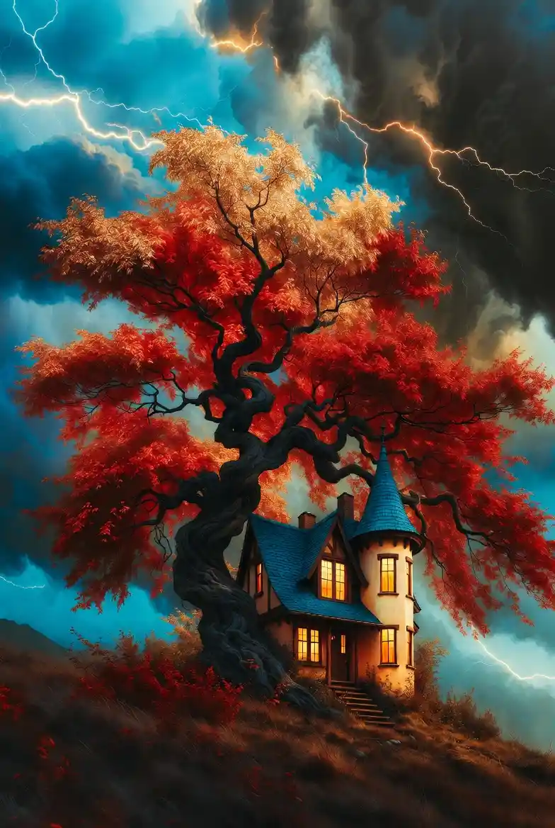 Märchenhaus unter uraltem Baum im Herbststurm