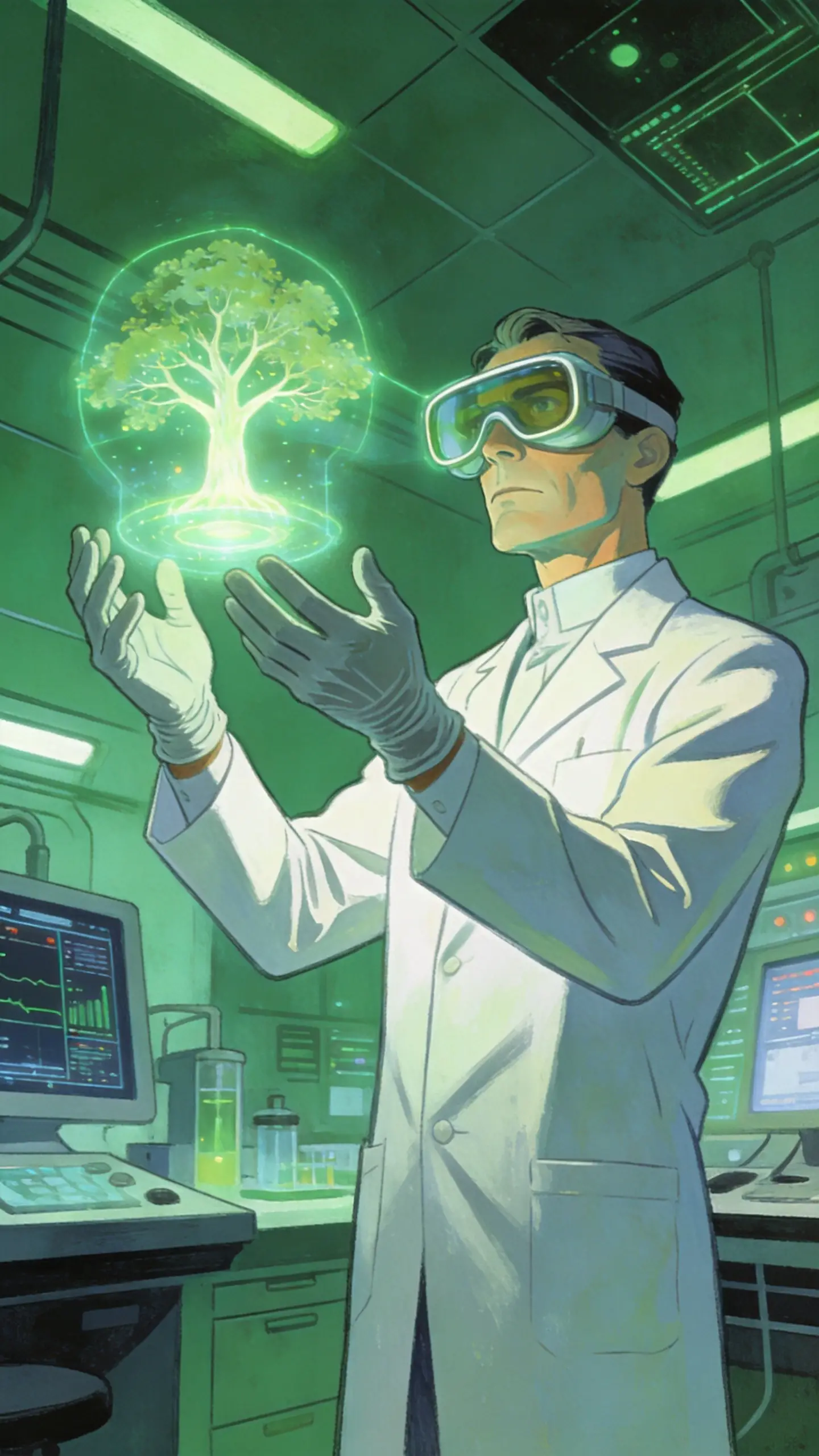 Melancholic scientist with holographic tree in futuristic lab