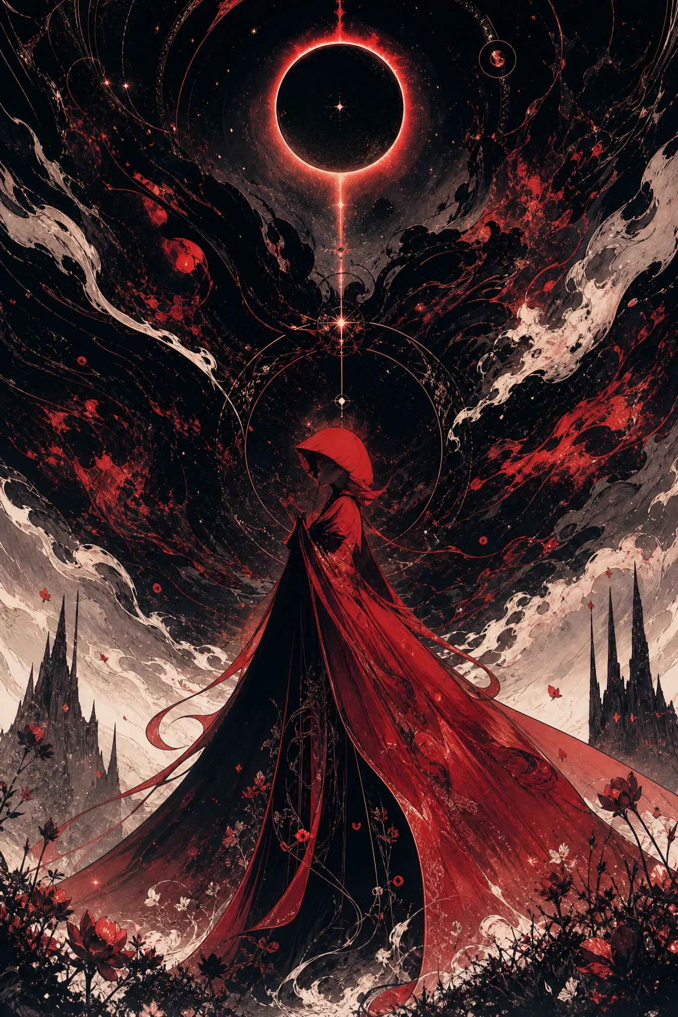 Mulher com manto carmesim sob um eclipse cósmico vermelho-sangue