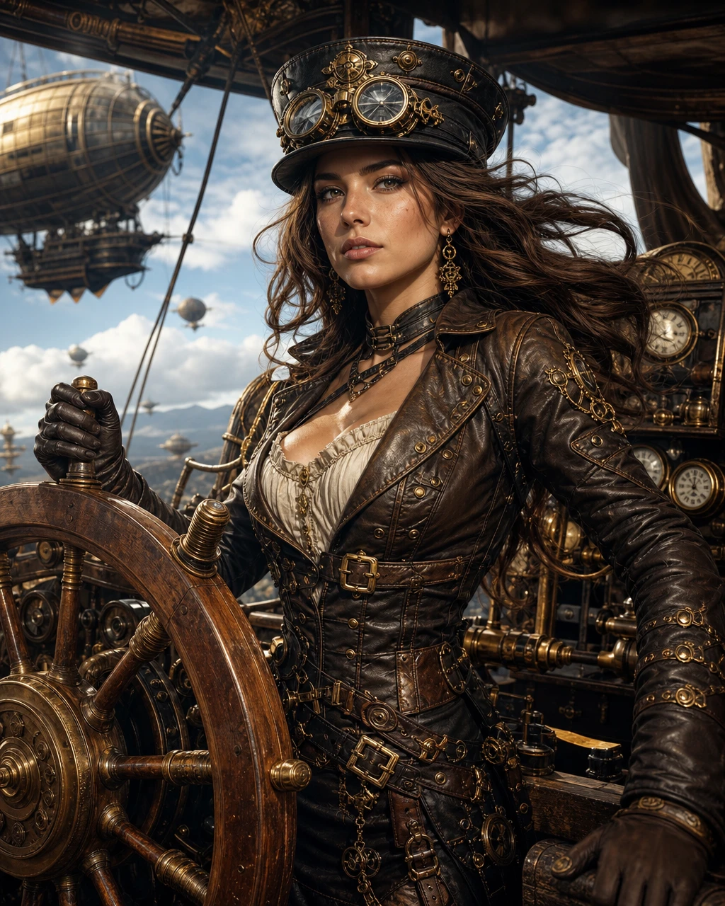 Capitã de dirigível steampunk com óculos de proteção no leme