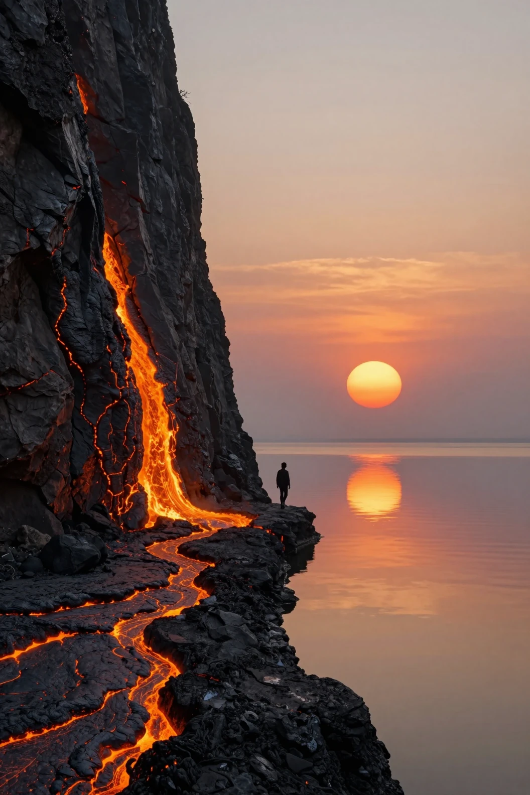 Mundo dividido surreal de falésias de lava e mar tranquilo ao pôr do sol