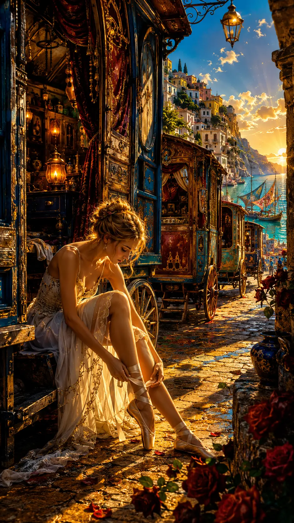 Traveling caravan in a sunlit mediterranean village alley