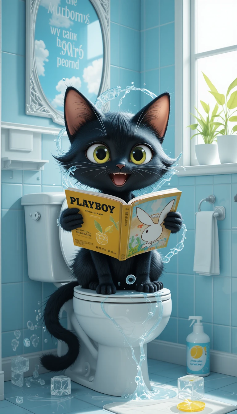 Chat noir cartoon lisant dans une salle de bain bleu clair
