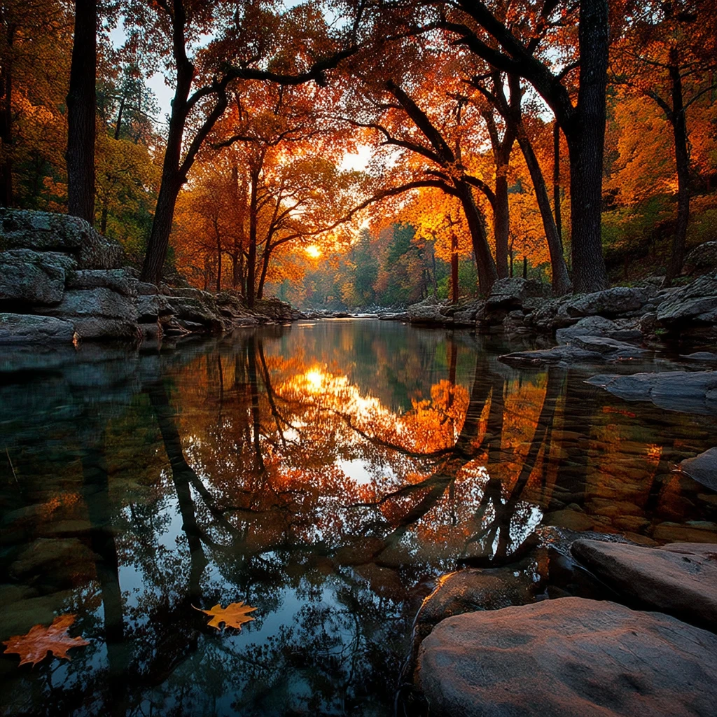 Fiume nel bosco autunnale che riflette alberi infuocati e foglie cadute