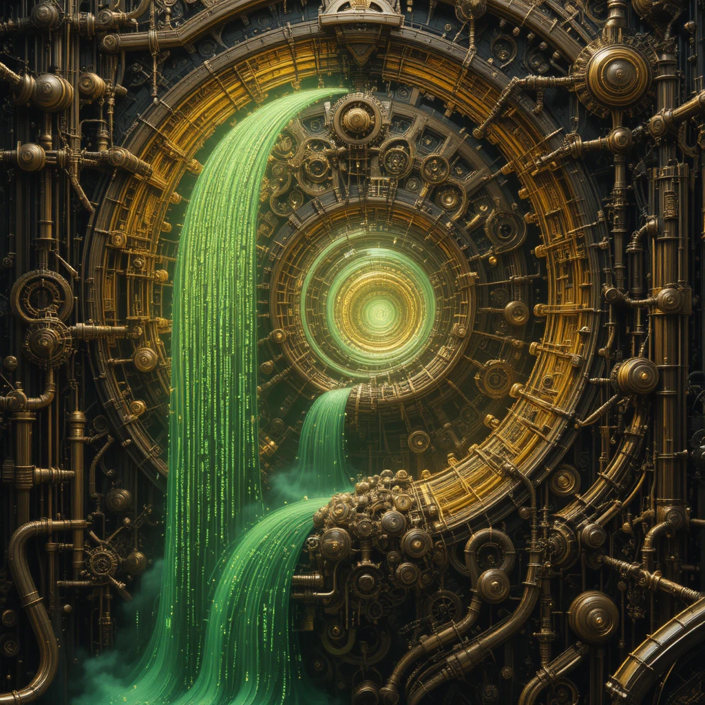 Système mécanique steampunk avec cascade de données fractales lumineuses