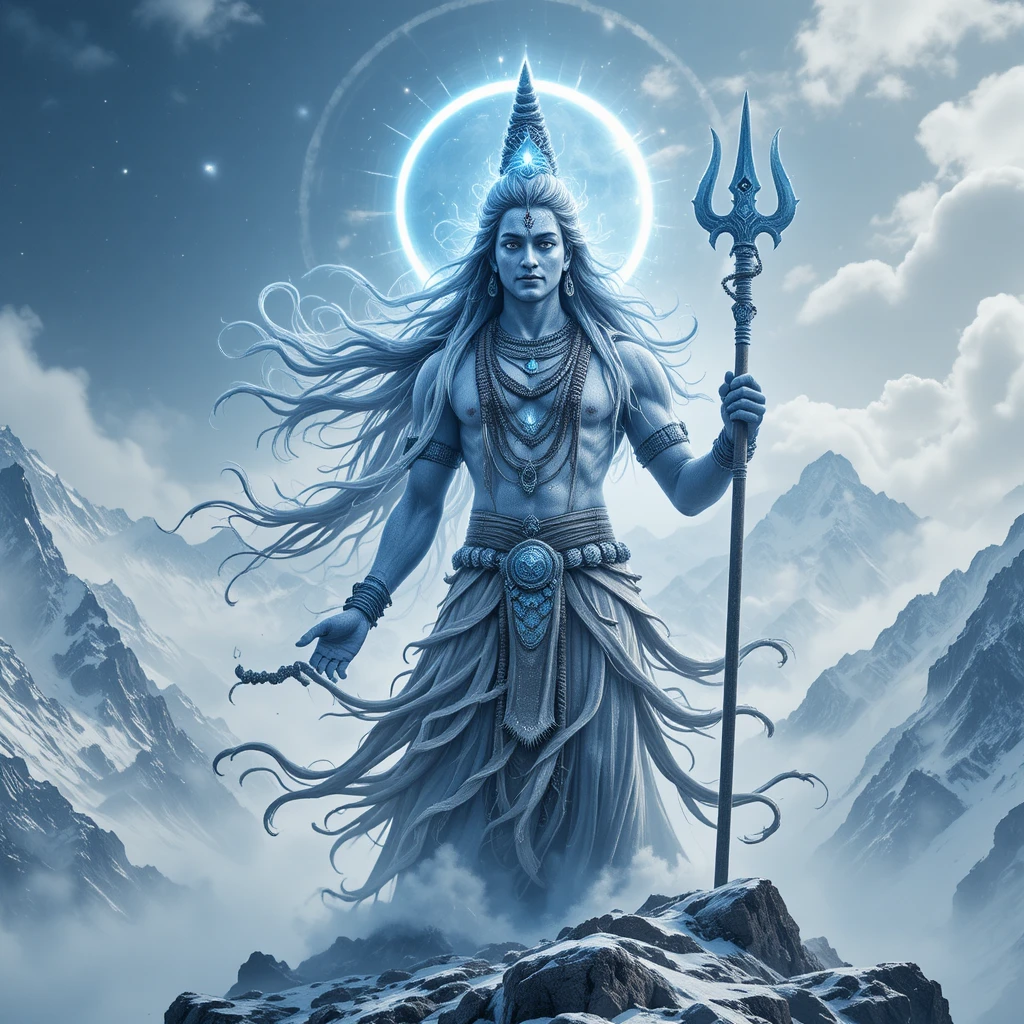 Figure divine avec trident au sommet d’une montagne enneigée