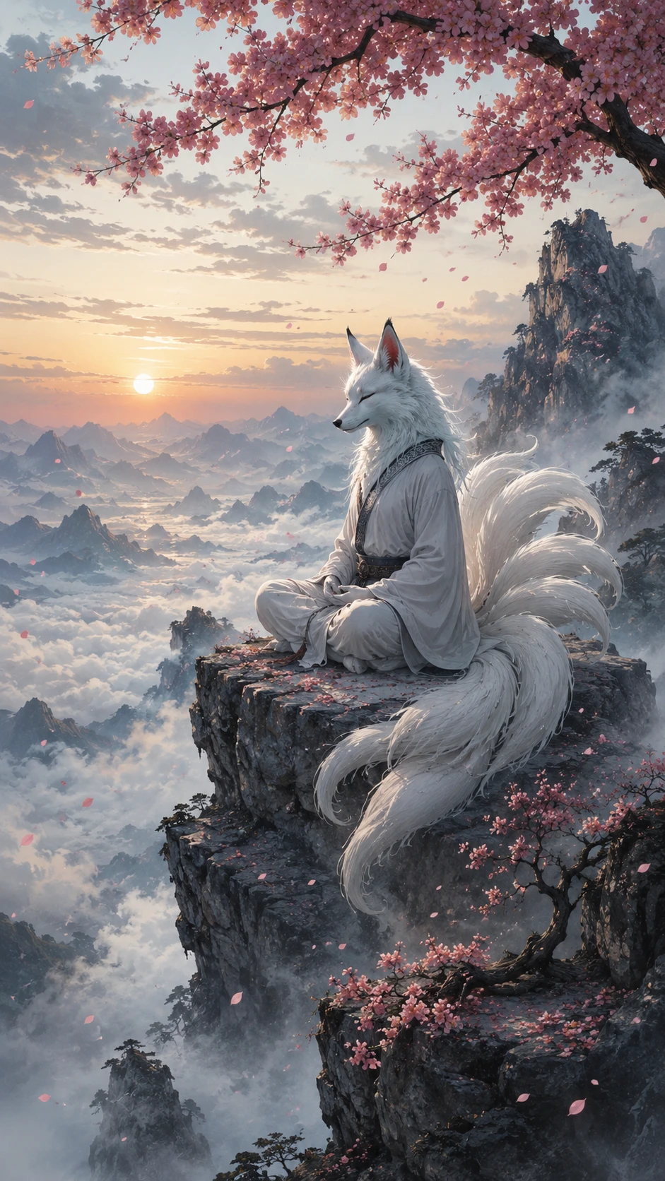Raposa branca meditando no topo enevoado de uma montanha ao pôr do sol