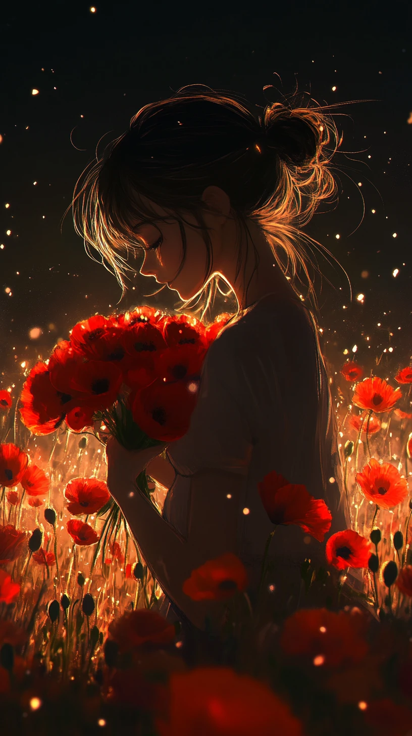 Fille d’anime agenouillée avec des coquelicots rouges dans un champ nocturne