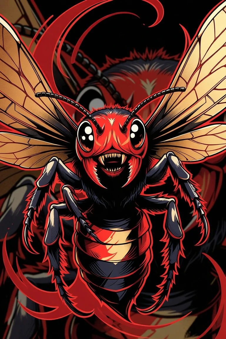Emblema de tatuaje de abeja enterradora en rojo, dorado y negro