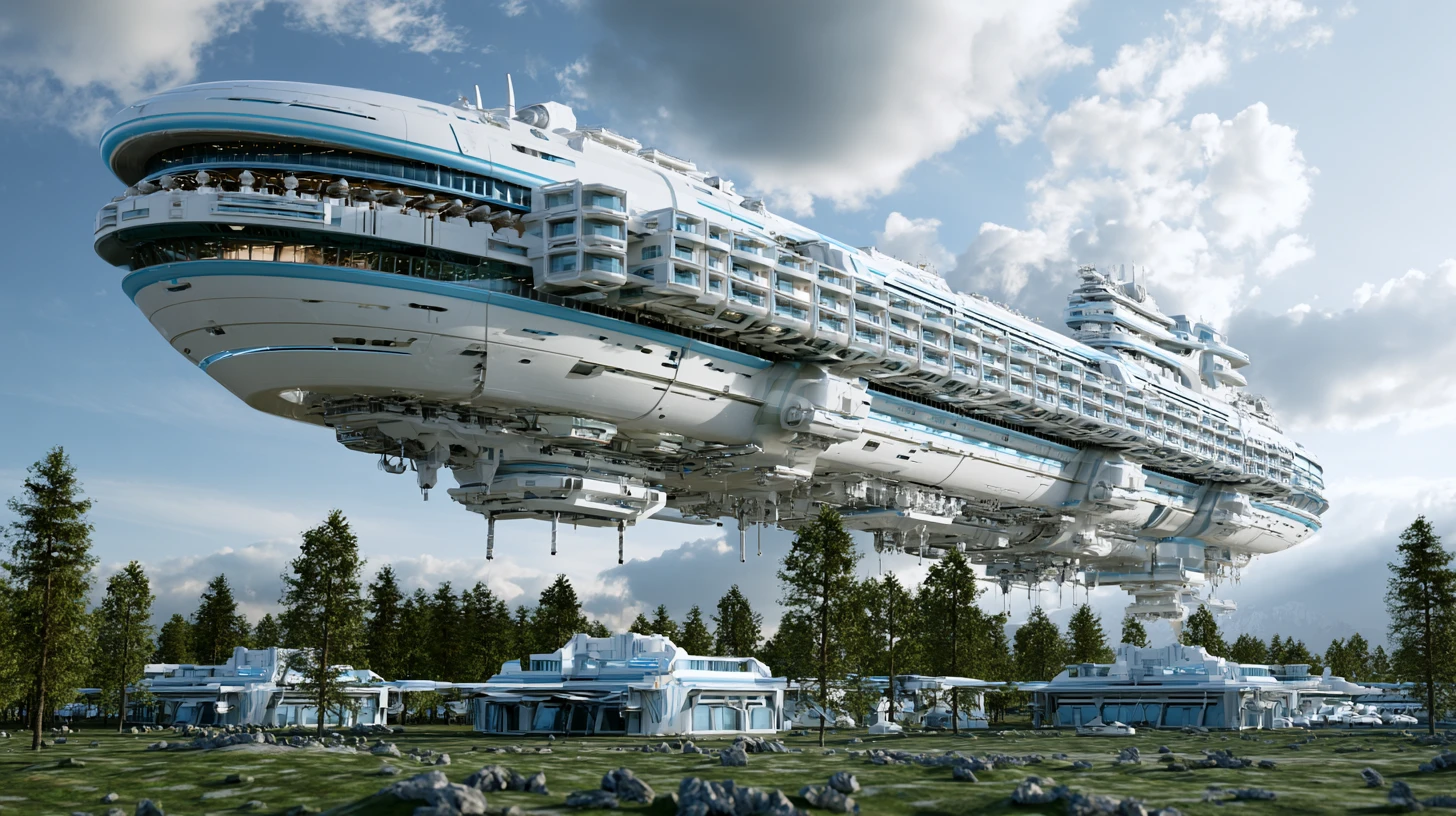 Massiver Tiefraum-Kreuzliner landet auf grünem Planeten