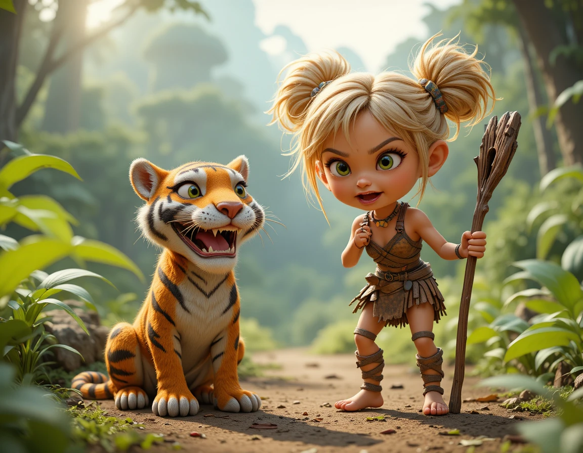 Fillette des cavernes et bébé tigre à dents de sabre dans une forêt préhistorique