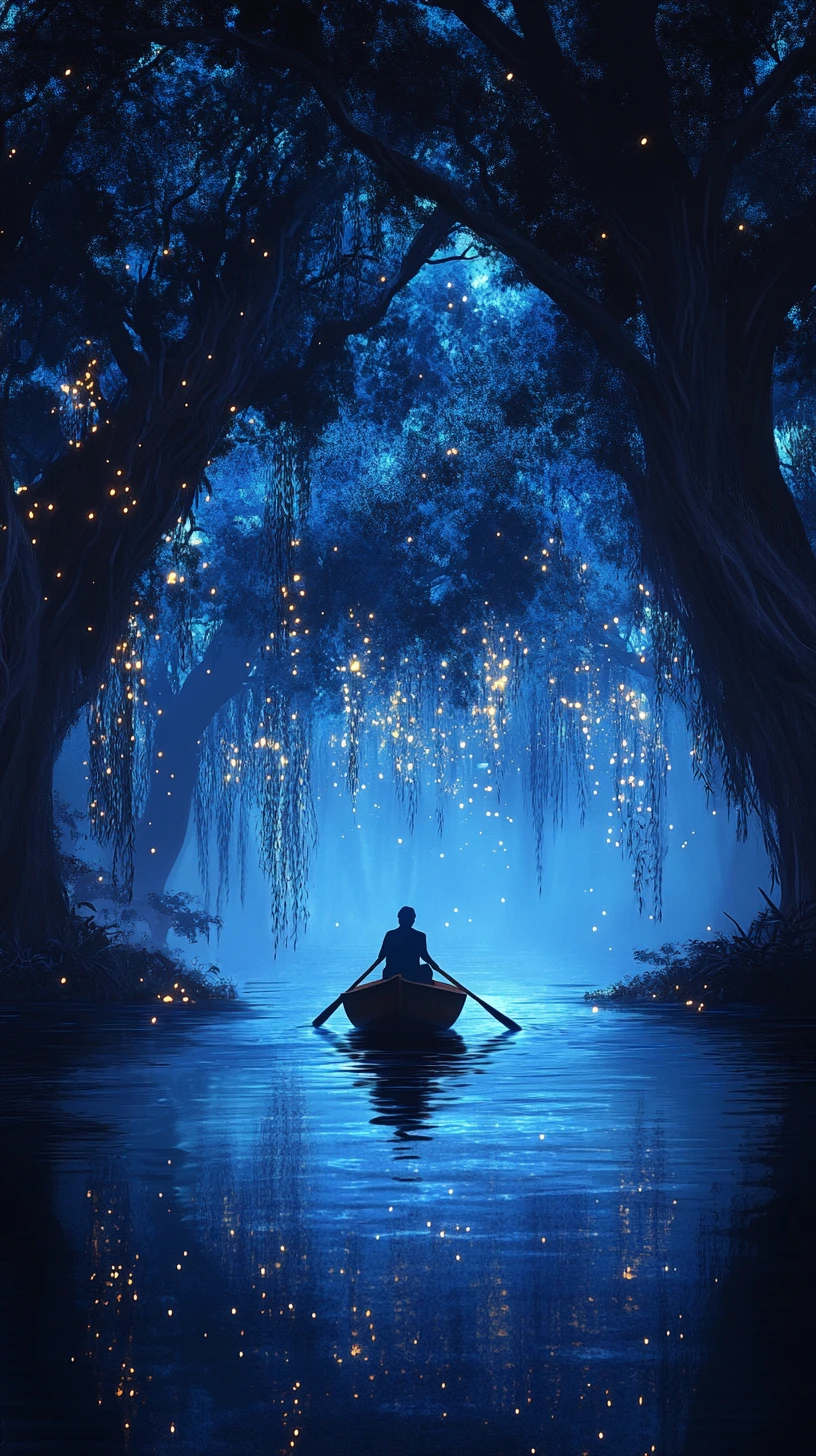 Barque solitaire sur un lac de forêt enchantée et lumineux la nuit