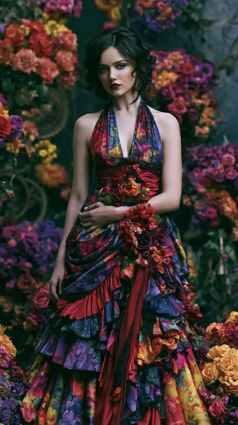 Beautiful woman in a floral steampunk fantasy garden