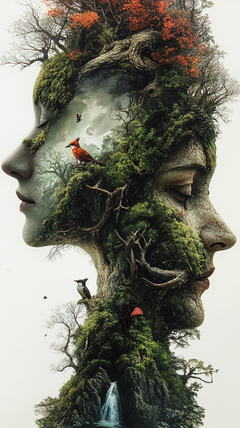 Forêt Enchantée Formant des Profils Humains Entrelacés dans la Nature
