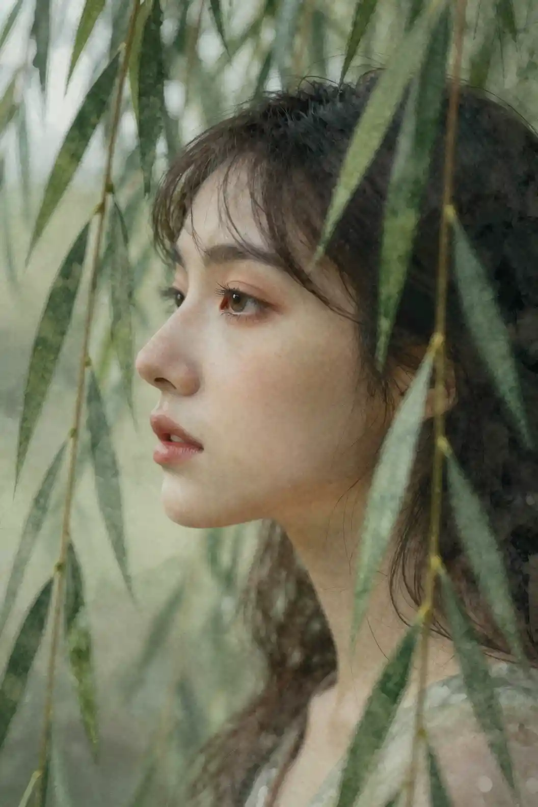 Ethereal profile of a woman behind overlapping willow leaves
