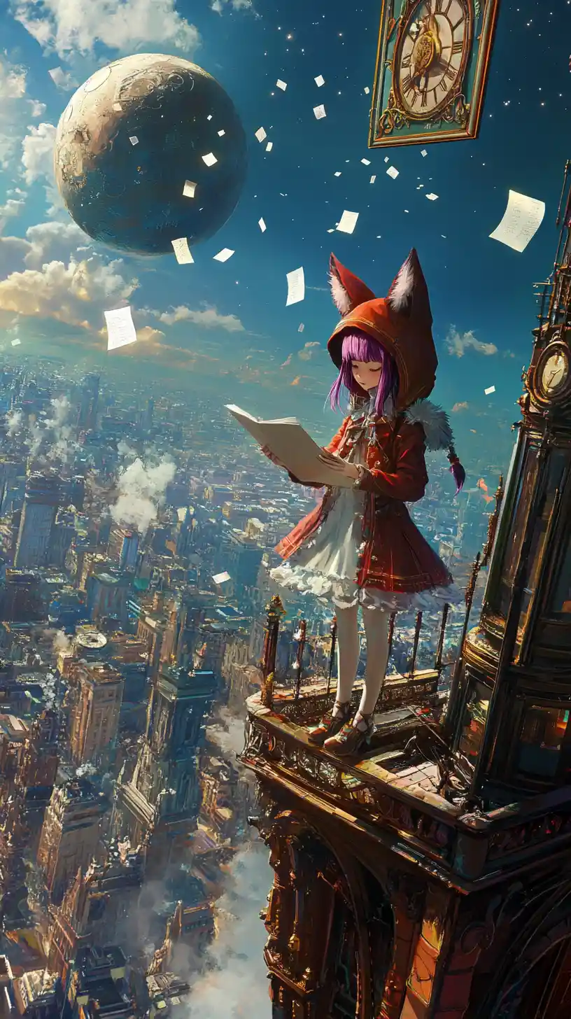 Anime girl on clock tower balcony above victorian fantasy city