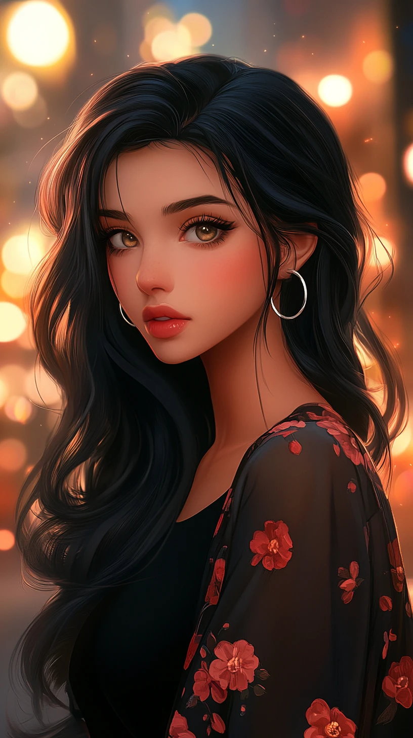 Retrato de garota de anime diante das luzes oníricas da cidade ao crepúsculo