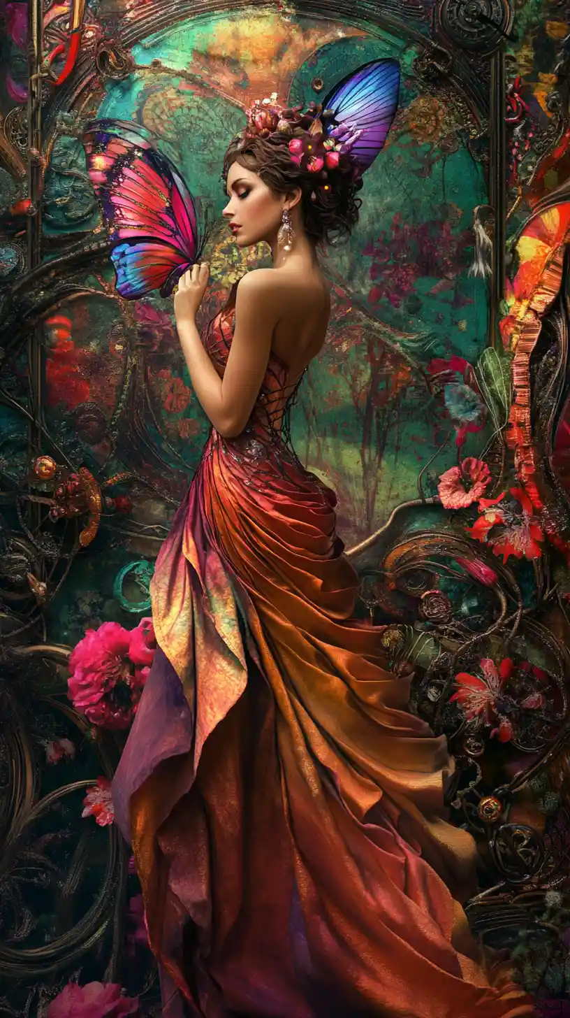 Elegant fantasy woman in a draped halter gown