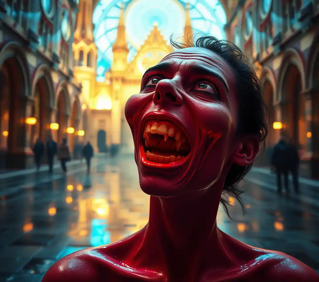 Surrealer Mann mit groteskem Grinsen in verzerrter Neonkathedrale