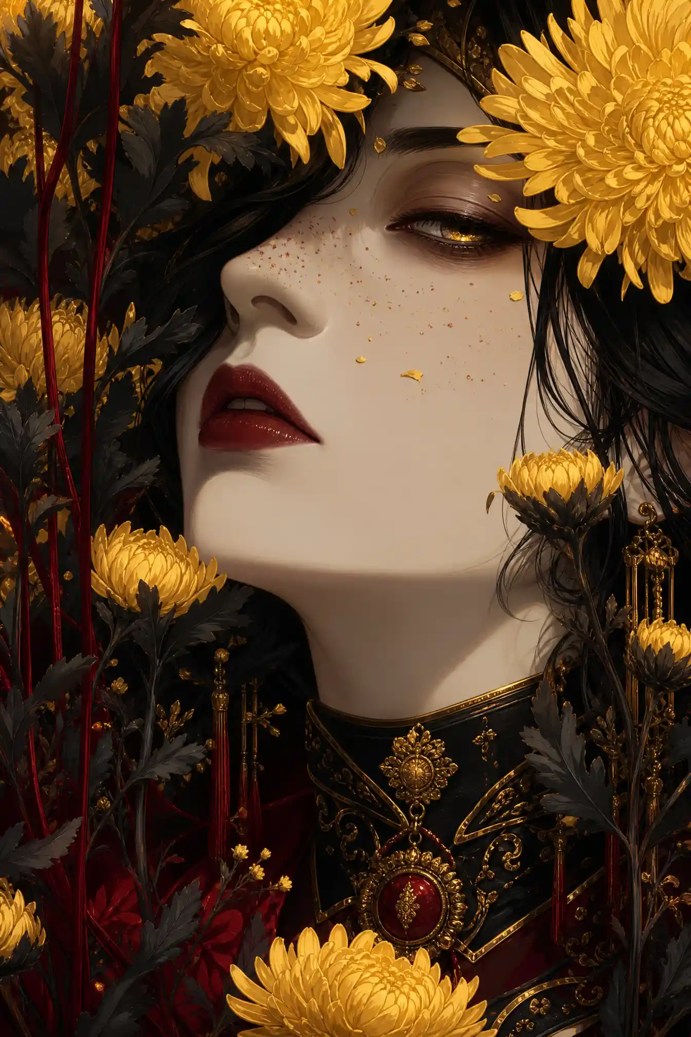 Elegant fantasy woman close up in ceremonial fashion illustration