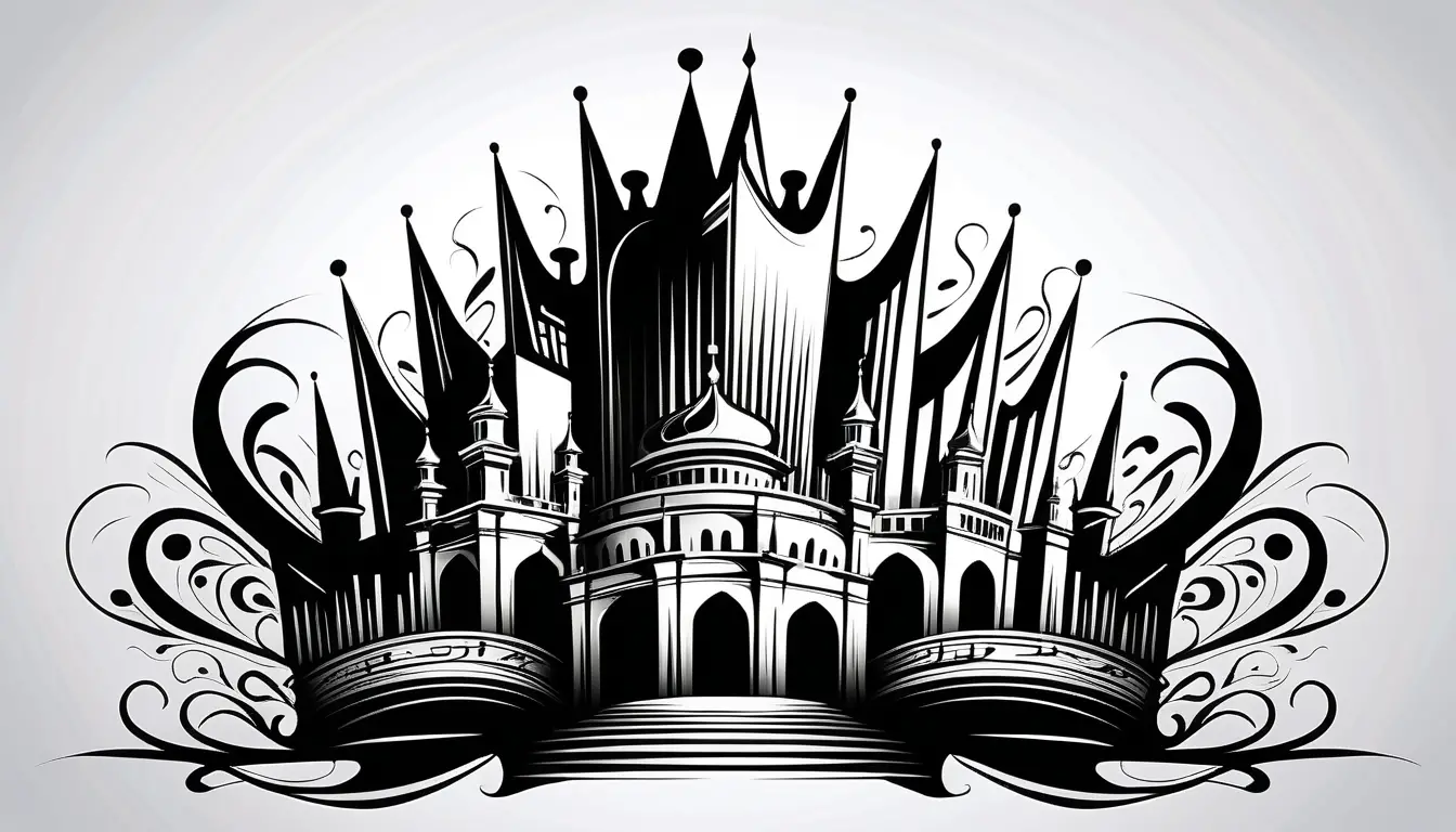 Couronne calligraphique expressive émergeant d’un tourbillon de lignes