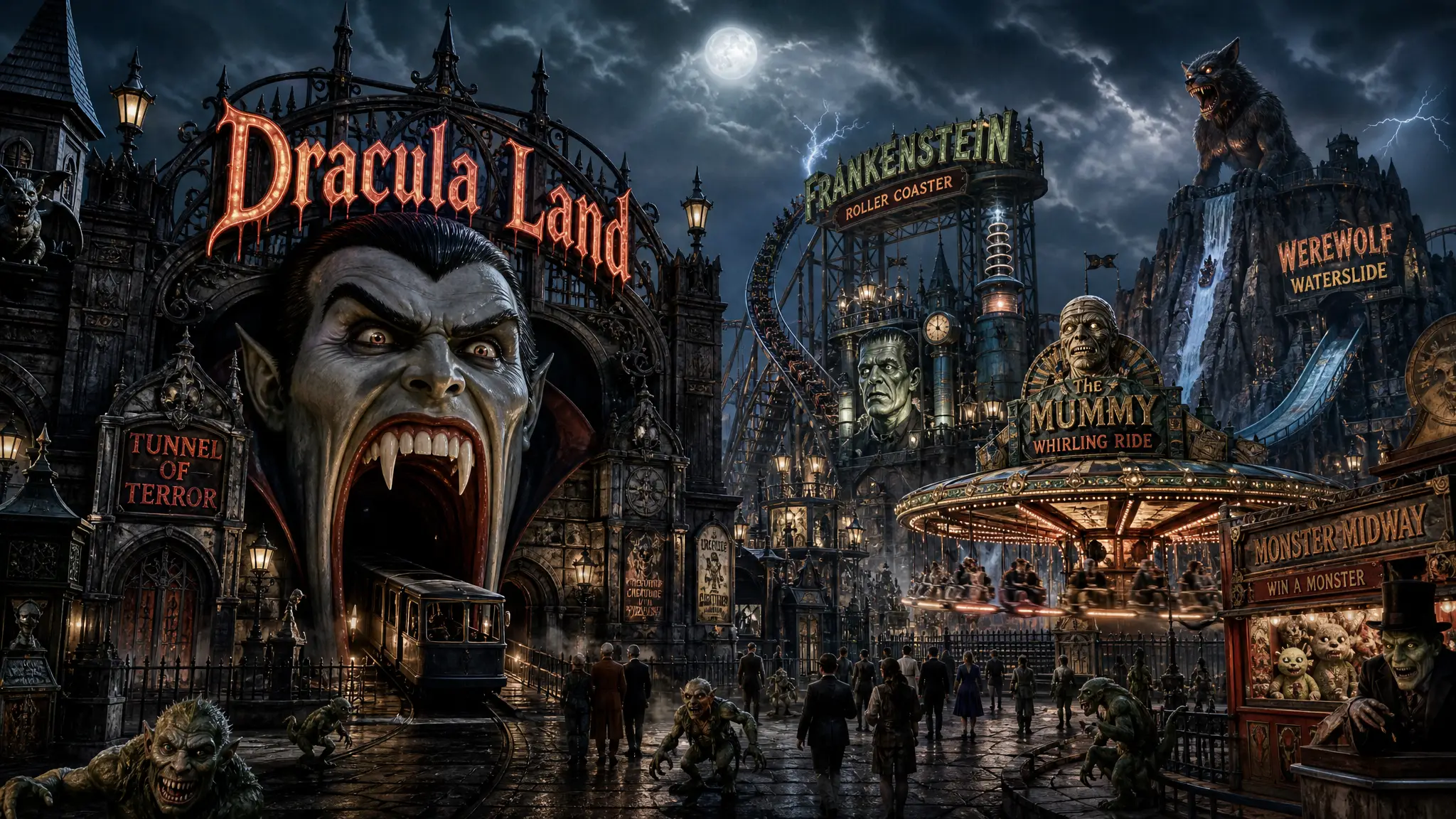 Parc fantastique gothique sur le thème de Dracula avec manèges de carnaval monstrueux
