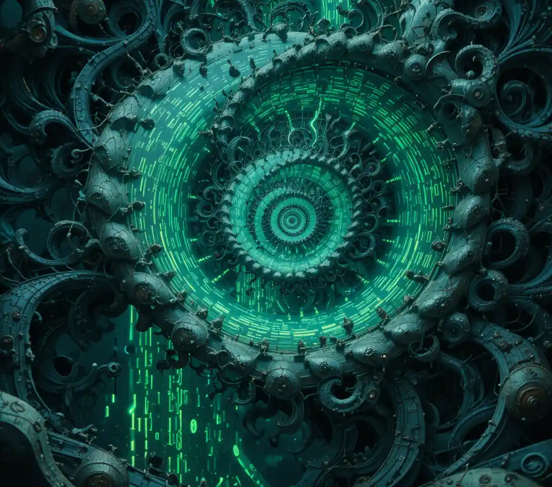Système fractal steampunk avec spirale de Fibonacci binaire lumineuse
