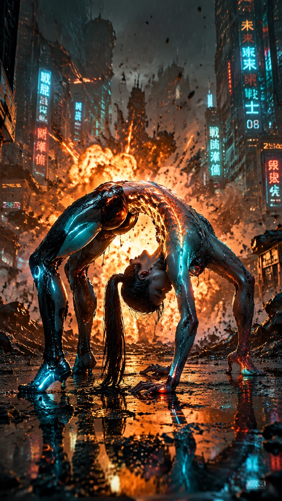 Guerreira cyberpunk se contorcendo em campo de batalha de cidade arruinada