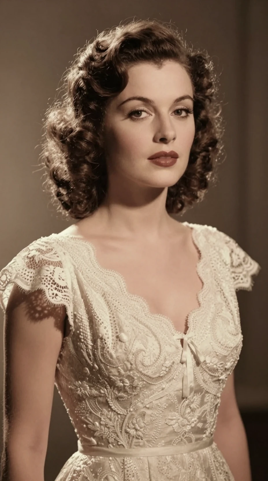 Mulher elegante em vestido de renda marfim em retrato vintage