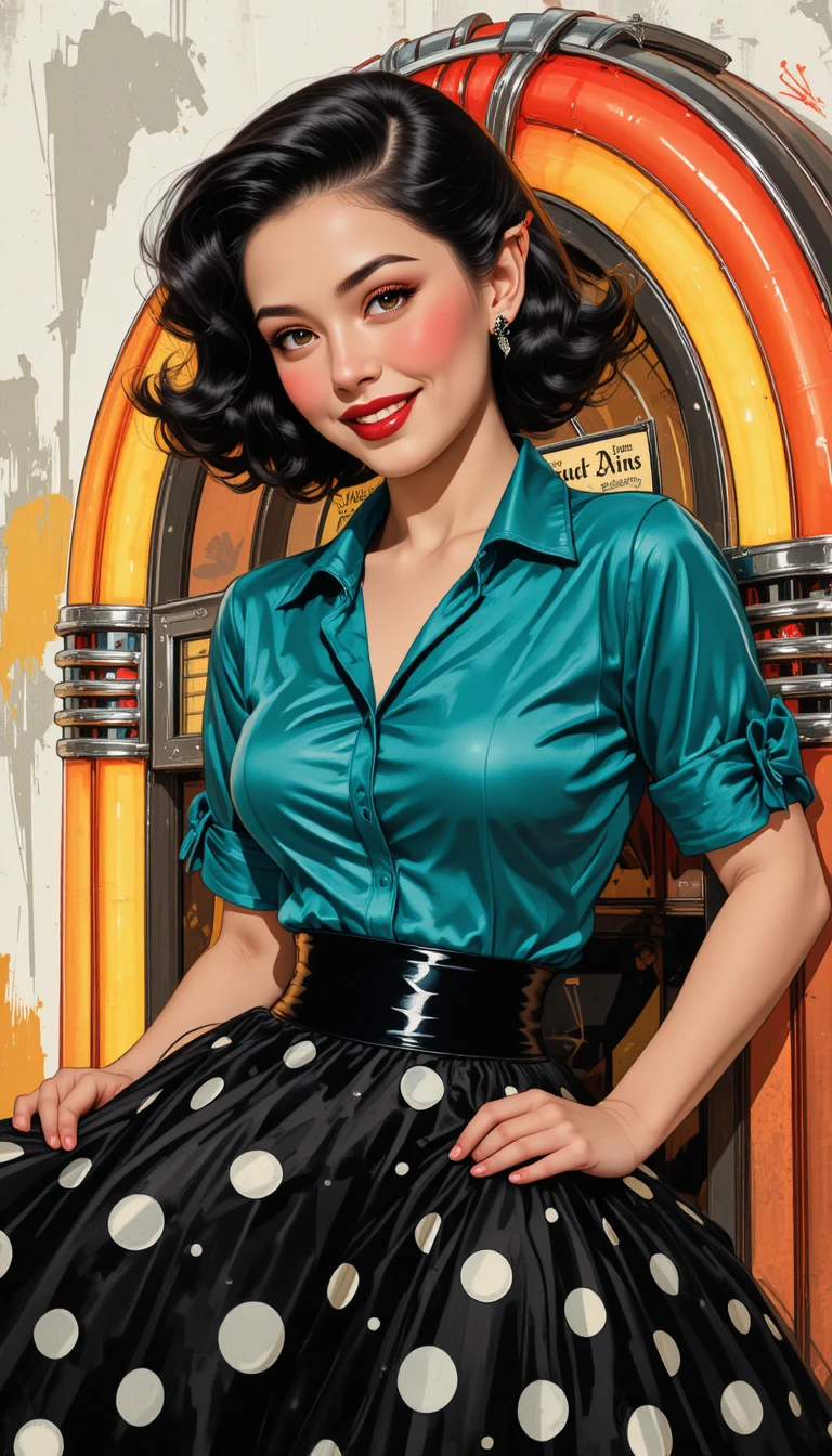 Elfa sorridente encostada em uma jukebox retrô colorida