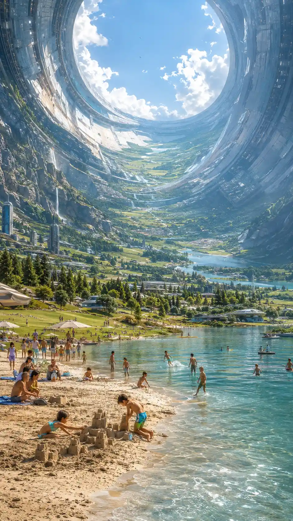 Families Playing By A Lakeshore In A Vast Space Habitat