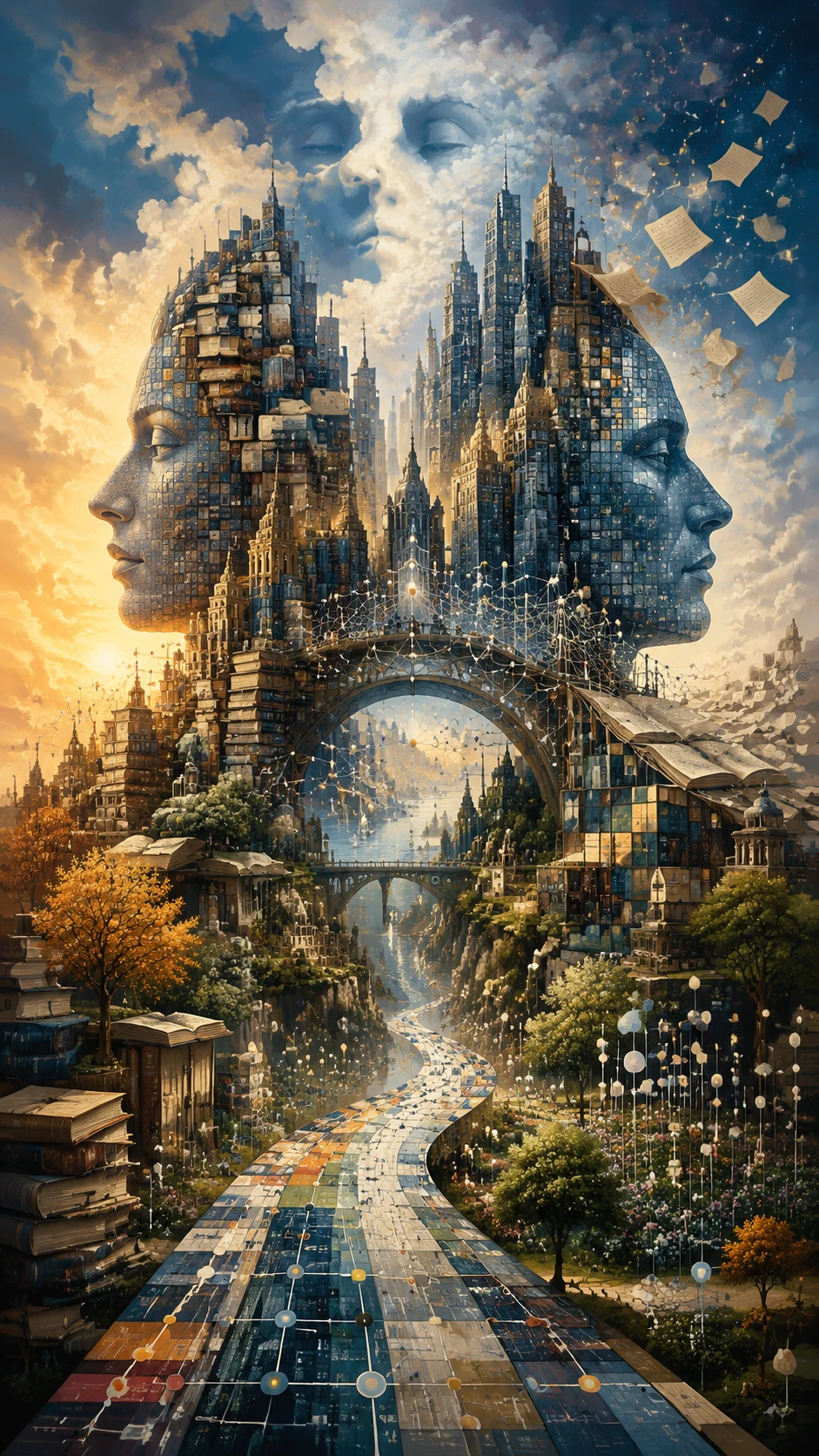 Cidade surreal de ruas de informação e edifícios altos em forma de livros
