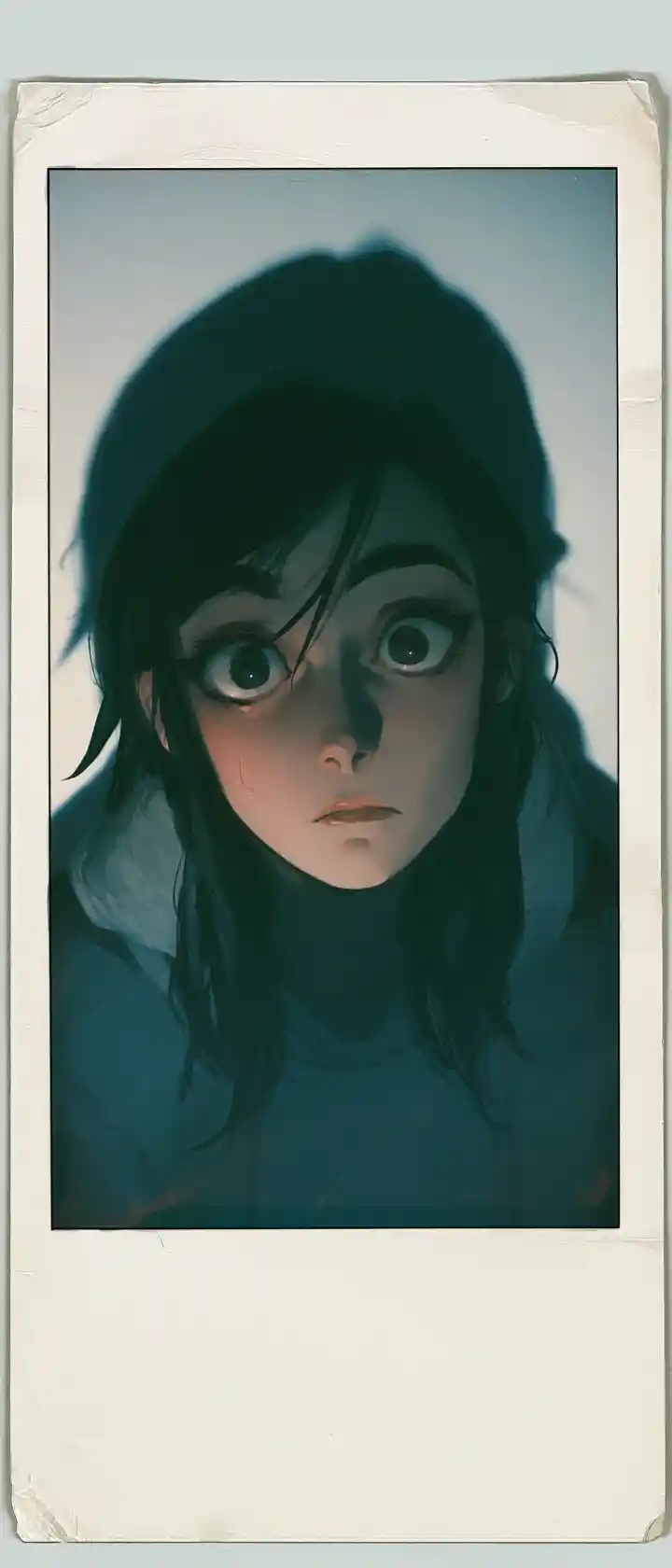 真っ白な壁の前で強いフラッシュを浴びるアニメ女性
