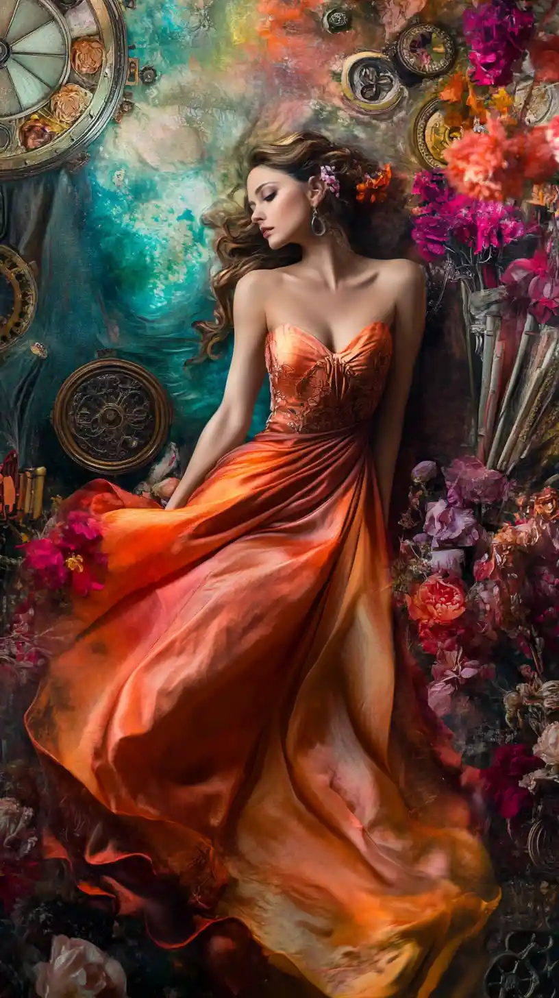 Mulher elegante de fantasia em vestido halter drapeado com flores
