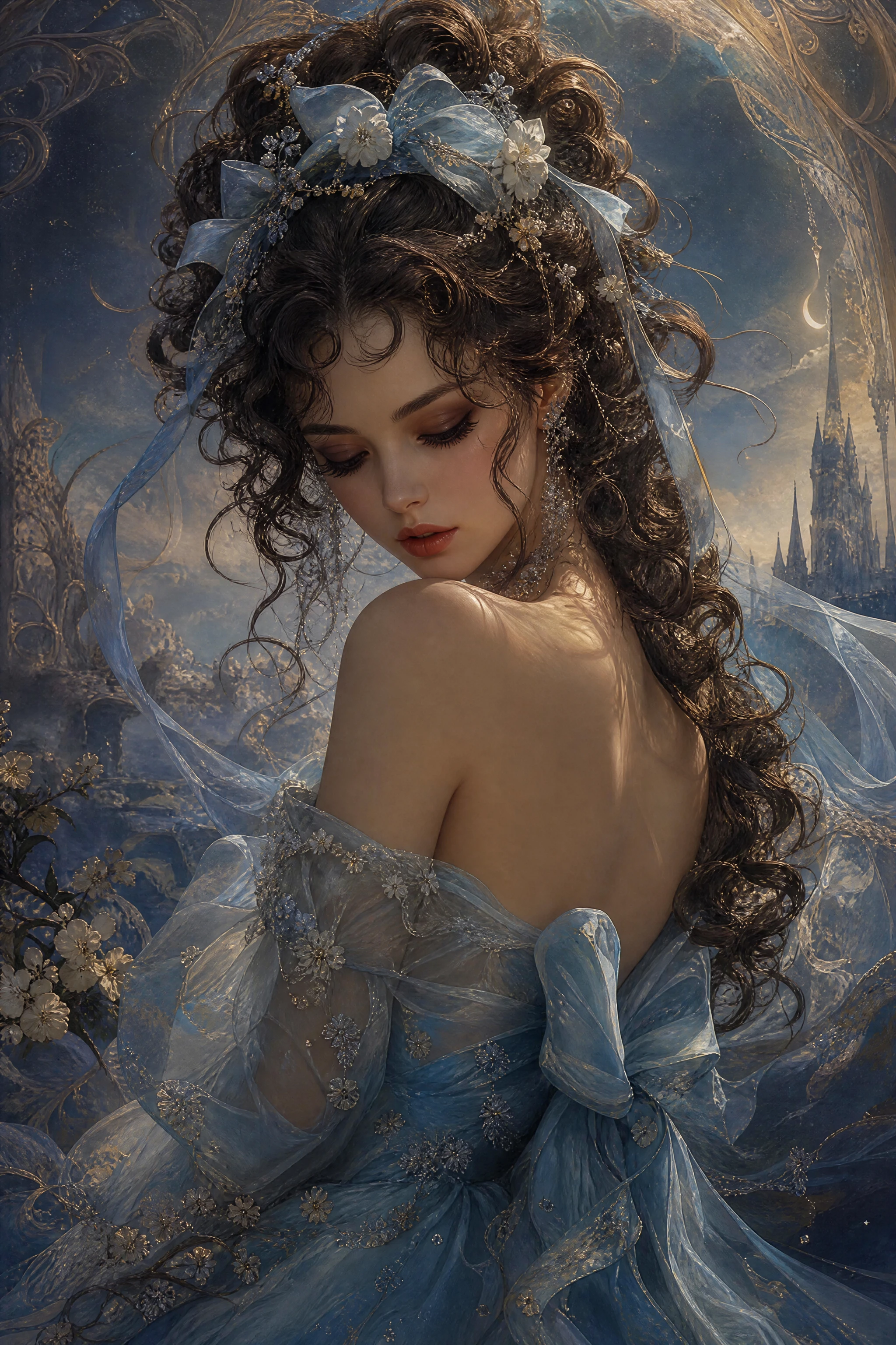 Retrato romântico de mulher com cabelo cacheado e vestido azul