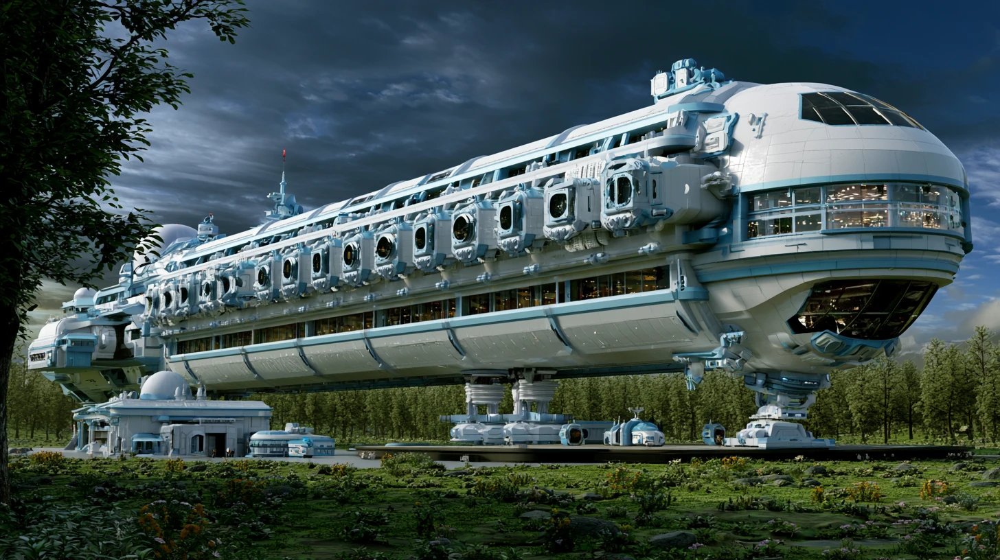 Kolossales weißes Raumschiff landet auf grüner Alienwelt
