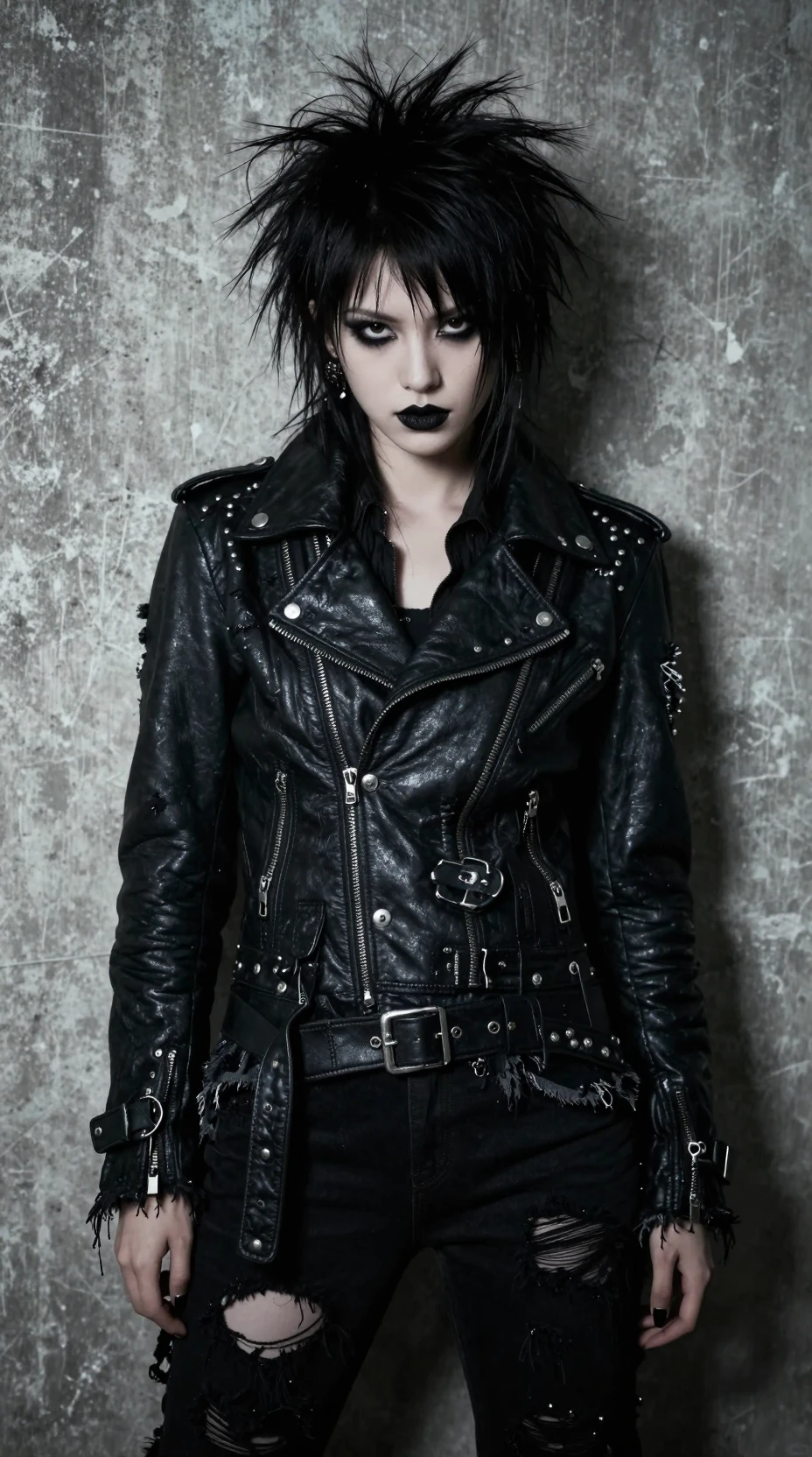 Goth fashion woman in leather jacket against concrete wall