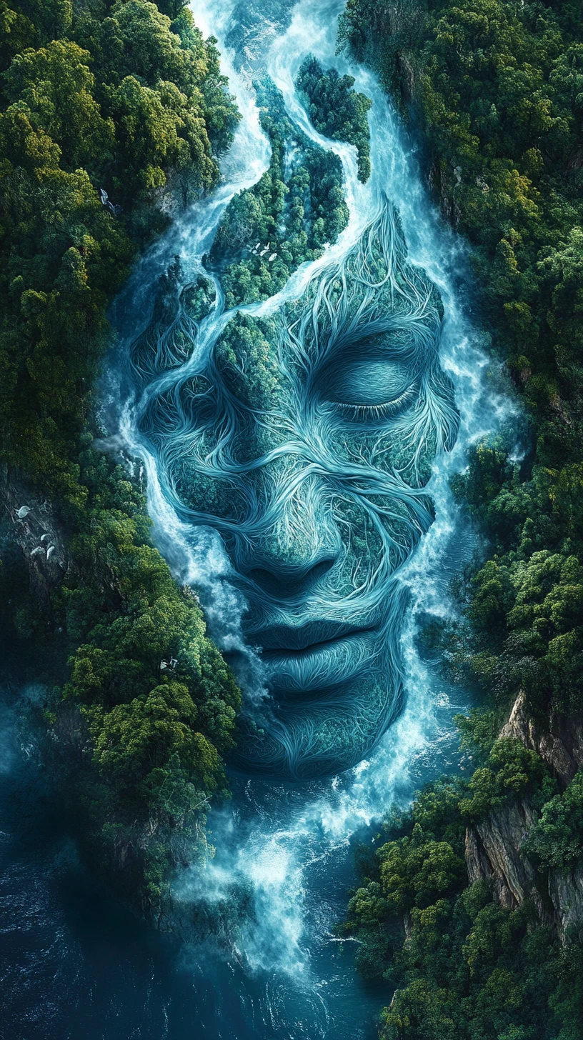 Aerial rivers forming a human face in mountain forest