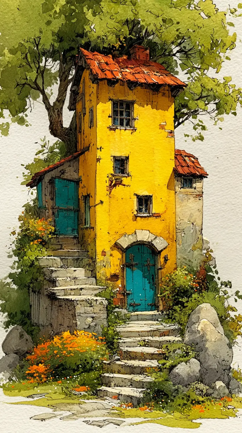 綠意盎然大樹旁的奇幻水彩小屋