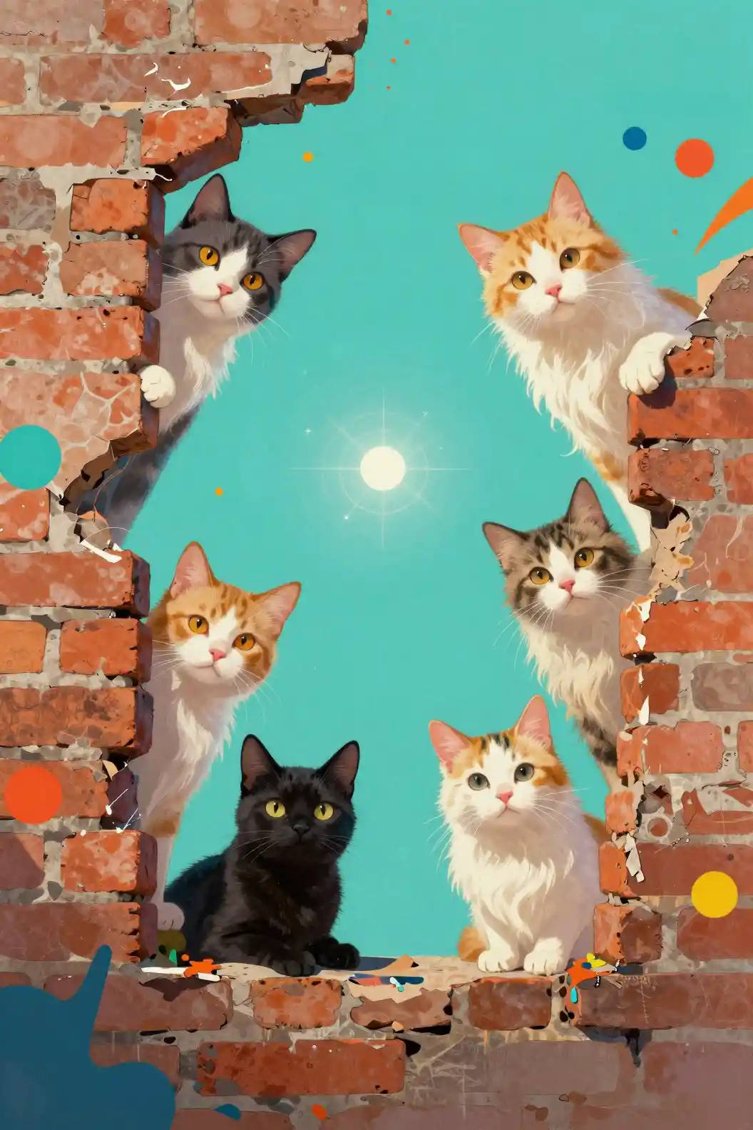 Whimsical cats peeking behind a brick wall collage