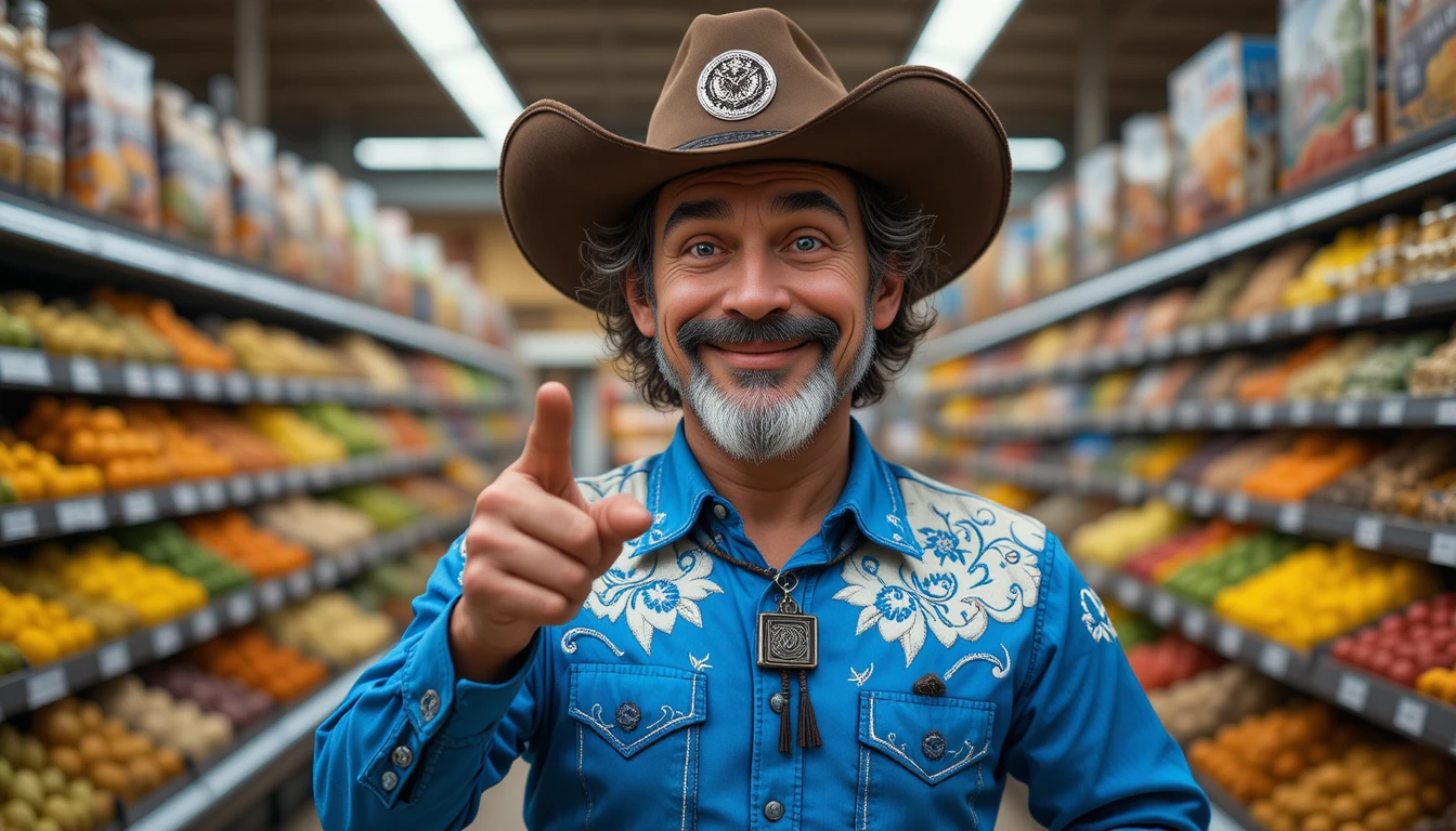 Mittelalter Cowboy im blauen Westernhemd im Supermarkt