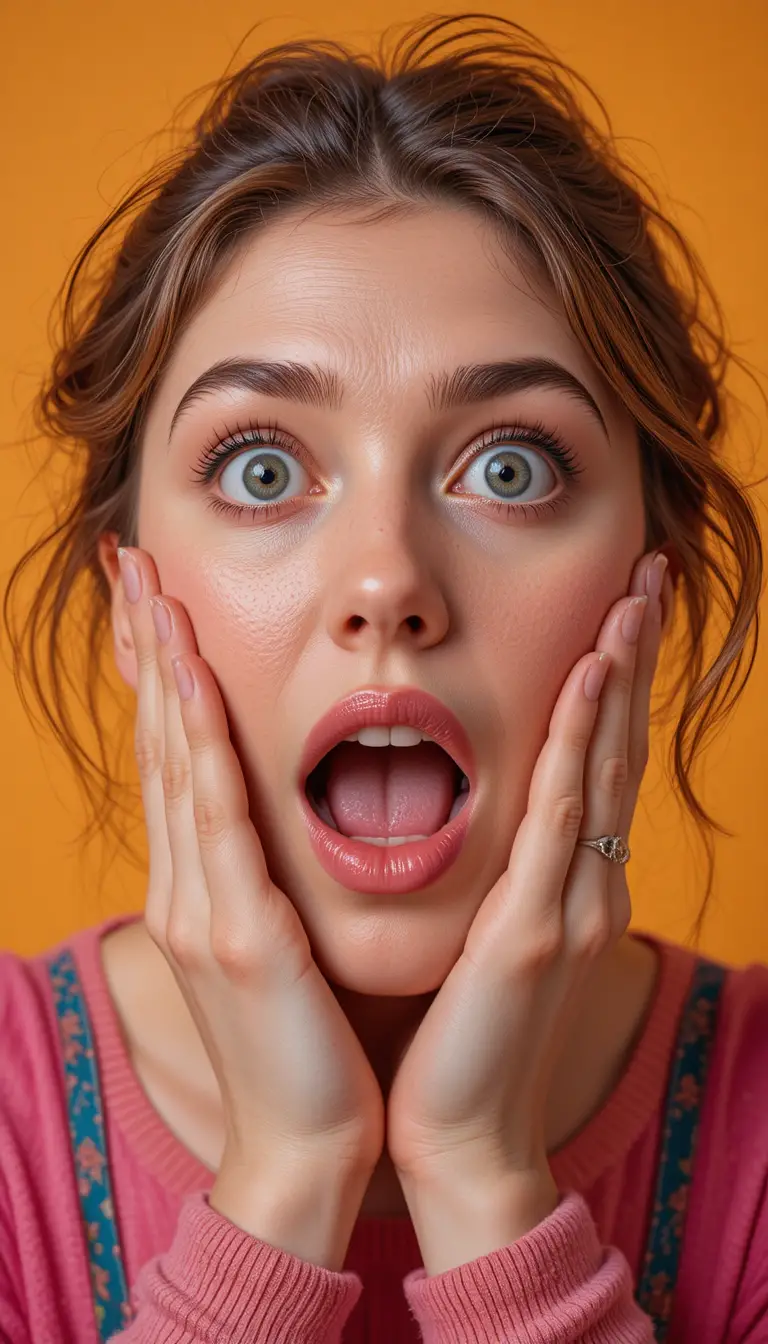 Surprised woman holding her cheeks against a vibrant background