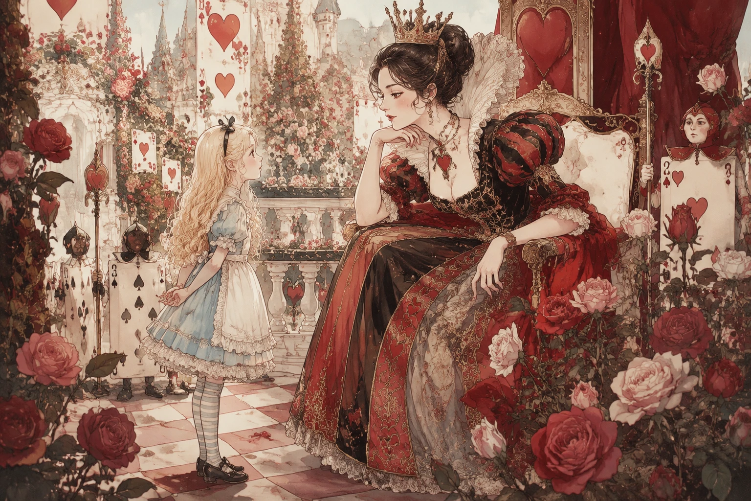 Garota de anime loira em uma cena de Alice no País das Maravilhas