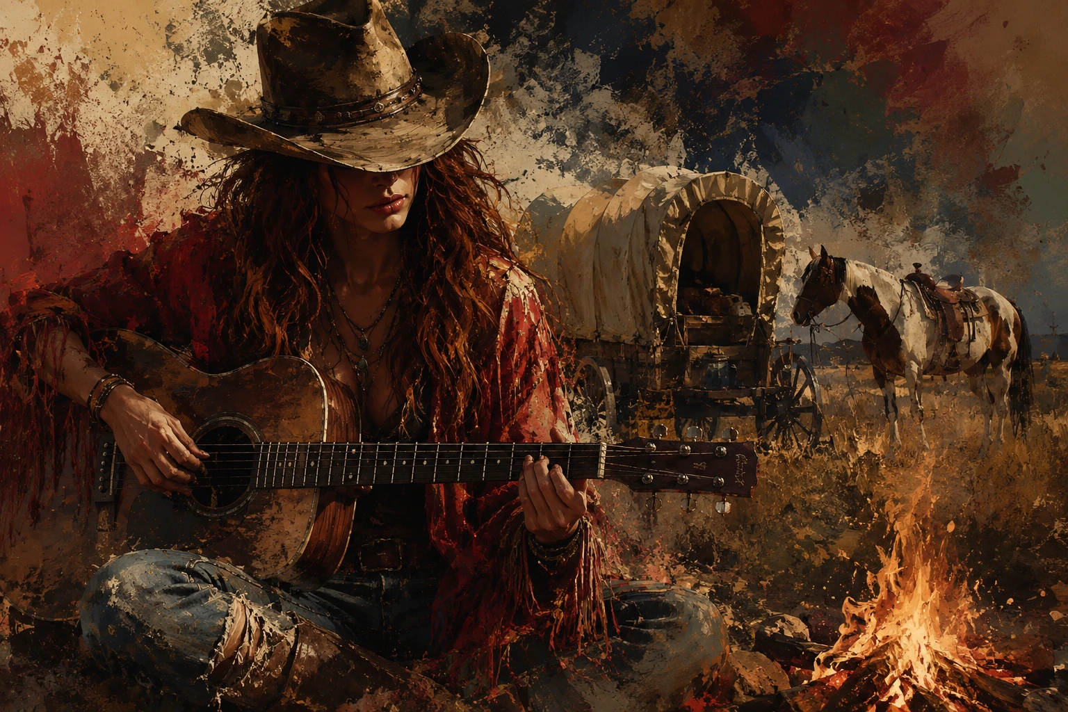Cowgirl tocando violão à beira da fogueira na planície