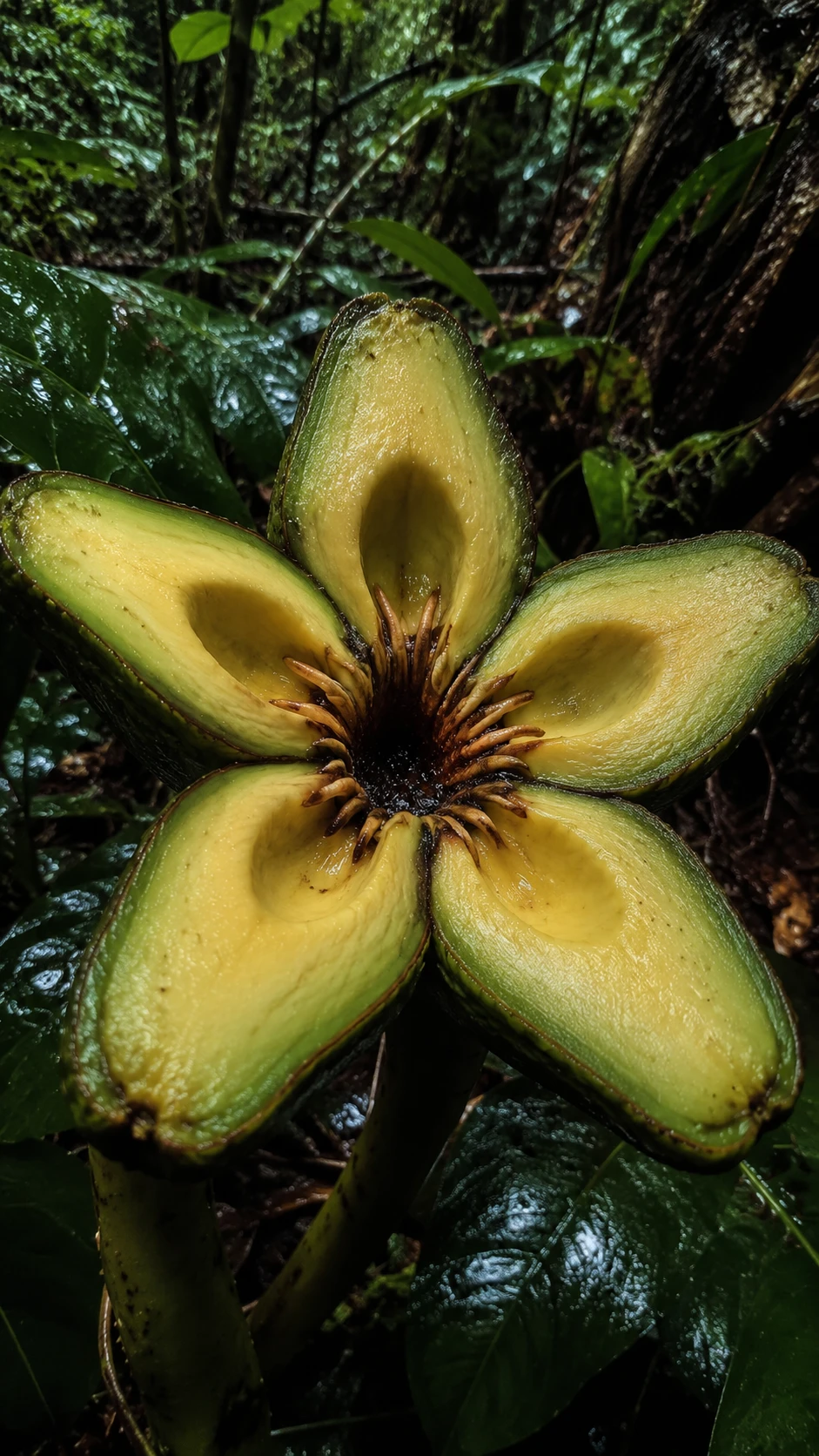 Hyperrealistische riesige fleischfressende Blume mit Avocado-Blütenblättern