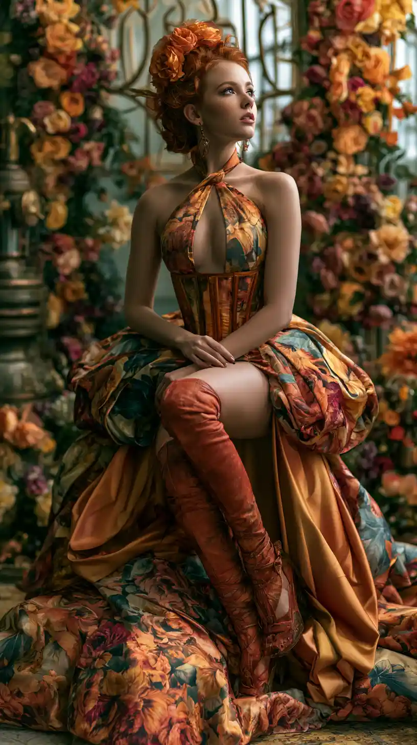 Linda mulher em um vestido fantasia tomara-que-caia drapeado com flores