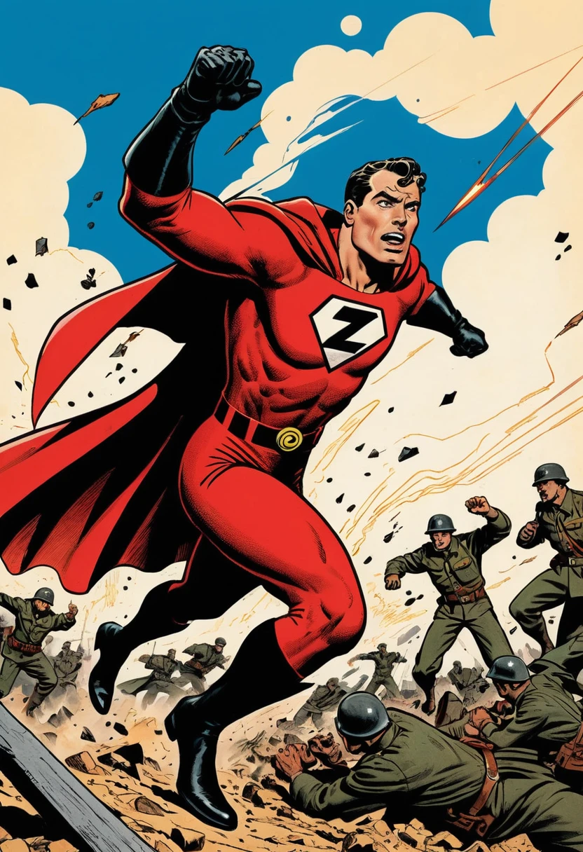 Super-herói vintage enfrentando inimigos em cena dramática de quadrinhos